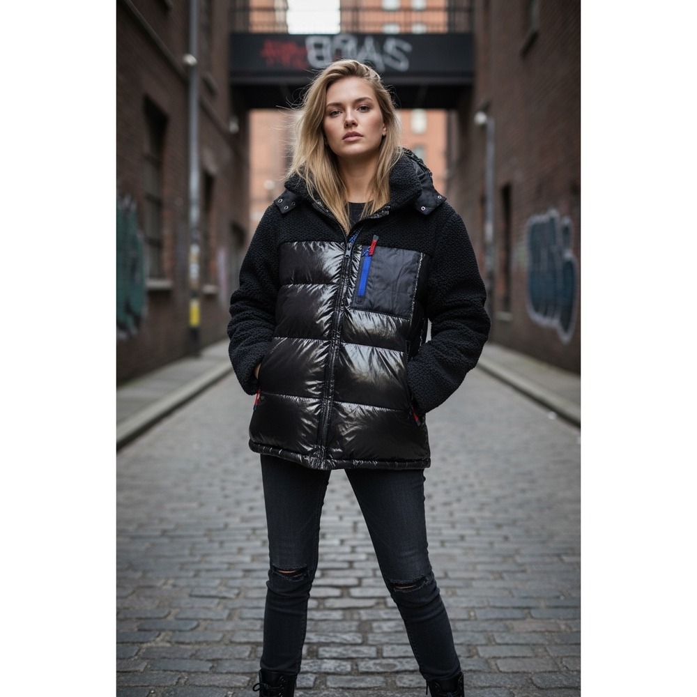 ZARA Gothic Moto Black Fleece Shiny Vinyl Puffer Jacket Removable Hood Collar